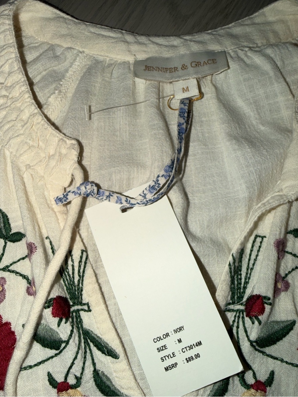 Jennifer & Grace Cream Boho Embroidered Peasant Blouse with Floral Accents - Picture 4 of 4